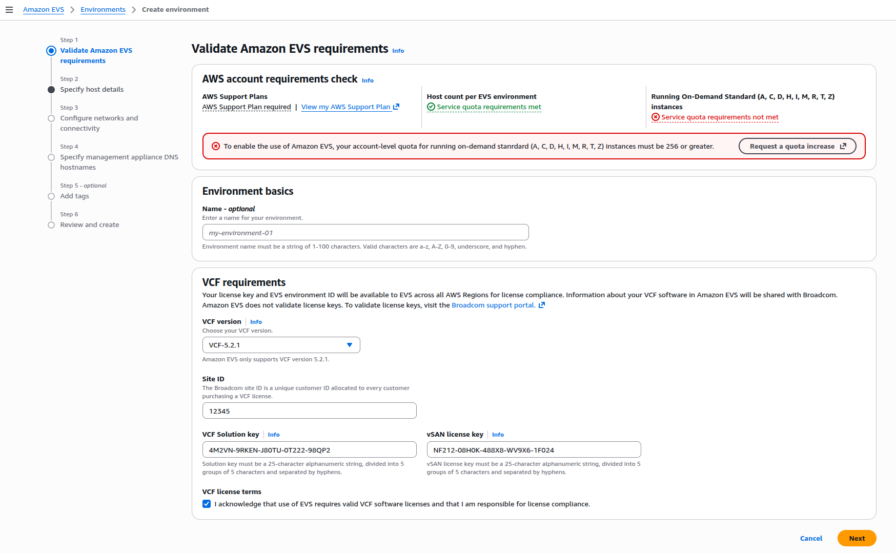 EVS Service Quotas Validation